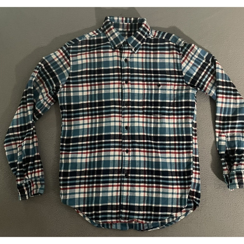 Merona Mens Size Medium Blue Plaid‎ Long Sleeve Cotton Button Up Shirt Pocket